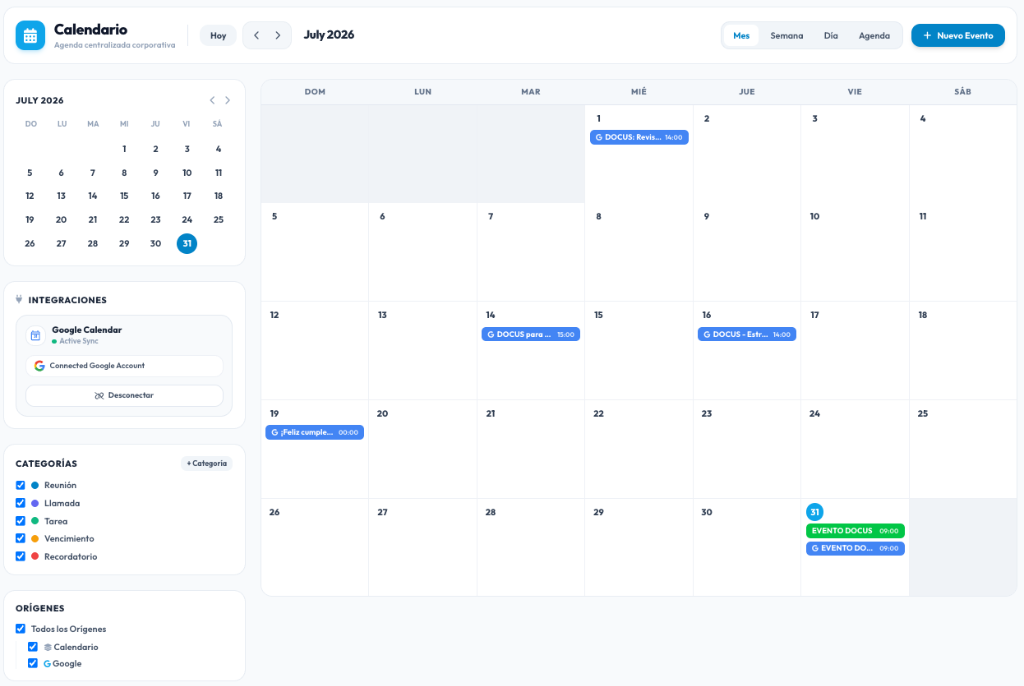 Interfaz real del módulo Calendario Corporativo en DOCUS Cloud