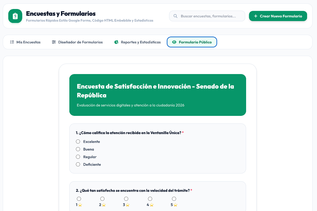 Interfaz real del módulo Encuestas y Formularios en DOCUS Cloud
