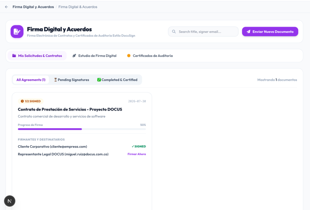 Interfaz real del módulo Firma Digital y Acuerdos en DOCUS Cloud