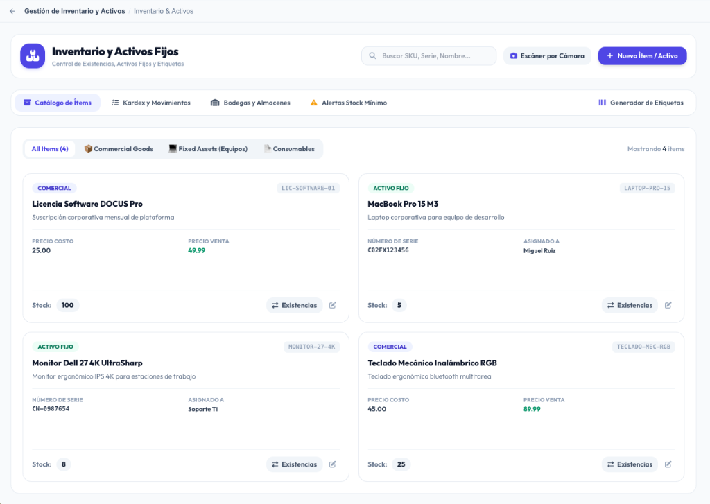 Interfaz real del módulo Gestión de Inventario y Activos en DOCUS Cloud