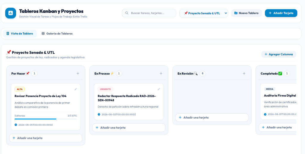 Interfaz real del módulo Tableros Kanban y Proyectos en DOCUS Cloud