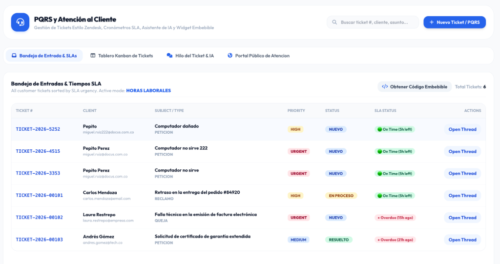 Interfaz real del módulo PQRS y Atención al Cliente en DOCUS Cloud